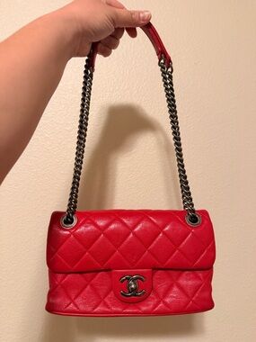 CHANEL CC MINI Lambskin Quilted Red Leather Shoulder Bag with Gunmetal Chain